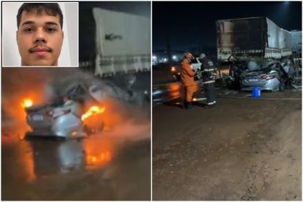Jovem morre carbonizado após bater carro na traseira de caminhão em MT